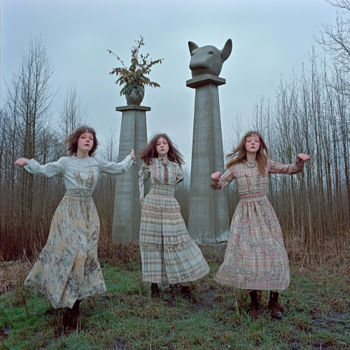 Mystical evening photoshoot with surreal concrete statues, melancholic sisters.