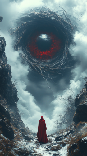 Mystical figure faces menacing colossal eye in darkness