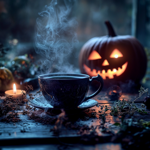 Mystical herbal tea on dark table, Halloween ambiance
