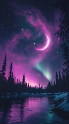 Mystical night sky with pink nebulae and crescent moon