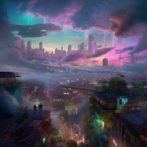 Mystical rainbow city with sparkling buildings and plants