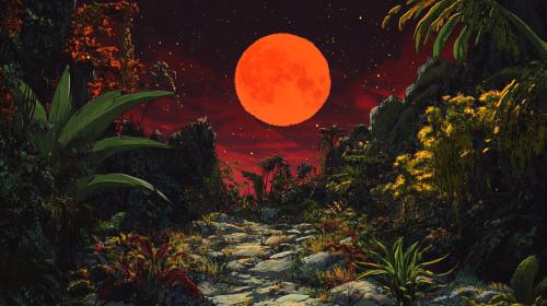 Mystical red moonlit forest with alien plants