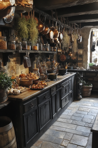 Mystical vintage kitchen with alchemy theme, organized clutter.