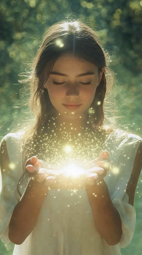 Mystical woman with shimmering light in magical moment