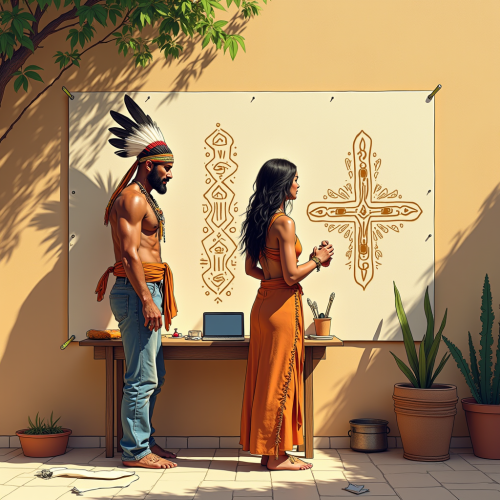 Native American Artist Painting Outside, Laptop Nearby