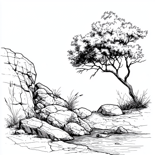 Nature coloring book: river rocks and tree