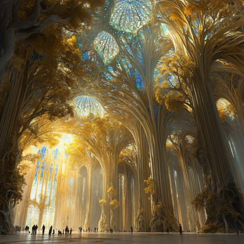 Nature-inspired cathedral interior with Gothic details and stained glass.