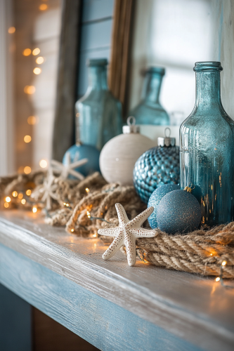 Nautical Christmas Fireplace Decor with Sea-themed Ornaments