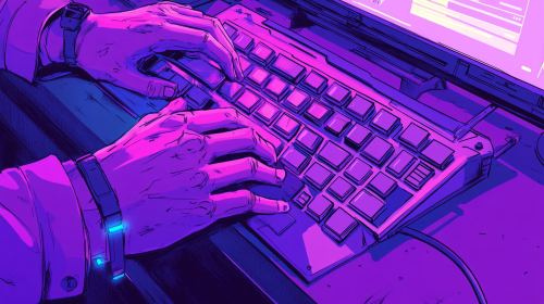 Neon Hands Typing in Cyber Punk Office