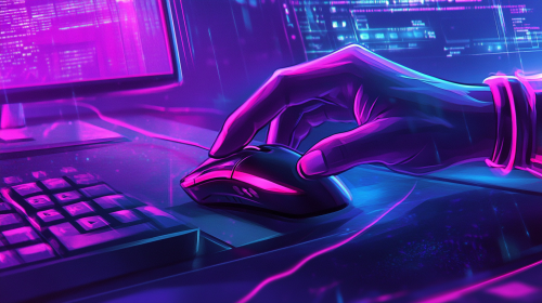 Neon glowing hand clicks mouse in cyber office