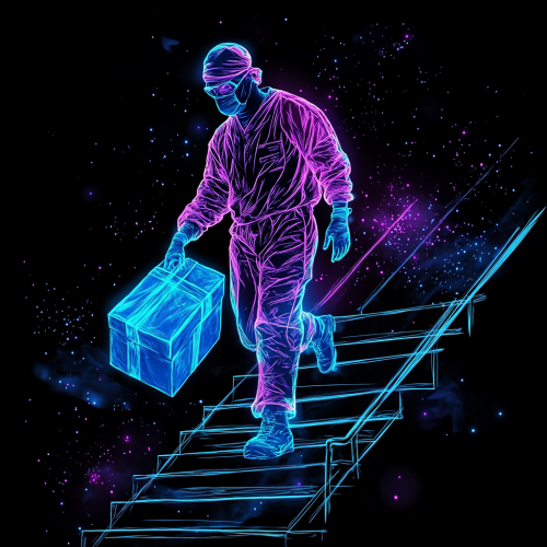 Neon sterile processing technician carrying blue medical package upstairs.