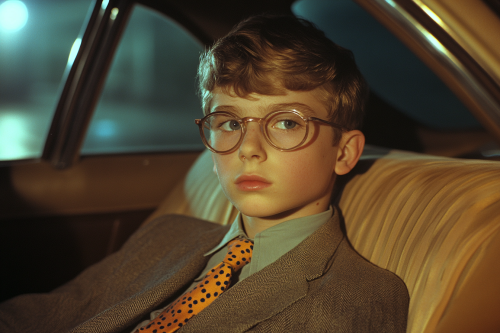 Nerdy teenage boy in school uniform sits in car.