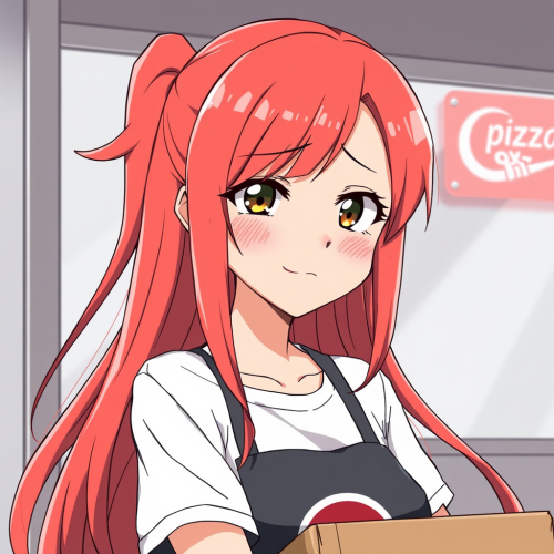 Nervous Red-haired Anime Girl Delivering Pizza