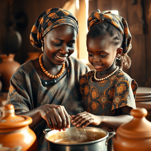 Nigerian Fulani Mother-Daughter Cooking in Traditional Kitchen Nigerian Fulani Mother-Daughter Cooking in Traditional Kitchen