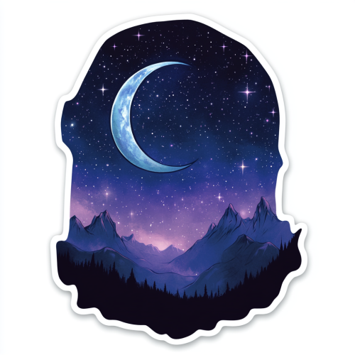 Night Court sticker design with moon, stars, mountains, wings. Night Court sticker design with moon, stars, mountains, wings.