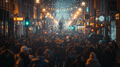 Night crowd in Dublin, wide shot, hyper-realistic photography