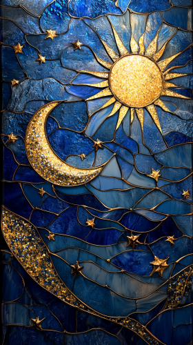 Night sky stained glass style with bold lines, shine. Night sky stained glass style with bold lines, shine.