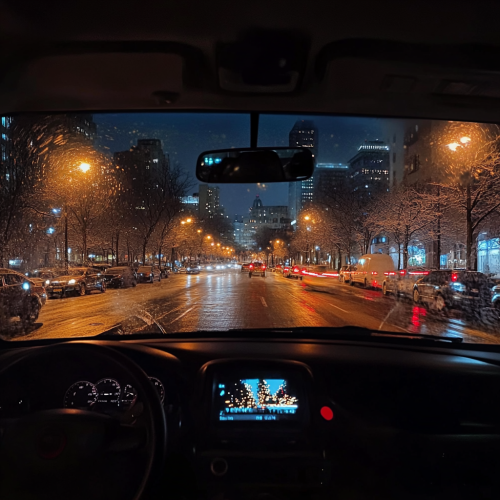 Night view from inside car with enhanced vision.