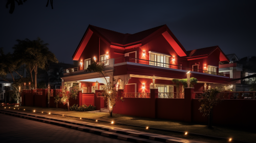 Night view of a beautiful red home during Diwali
