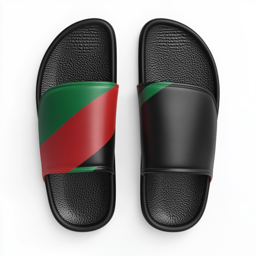 Nike-inspired sandals with flag design, bold colors, thick straps. Nike-inspired sandals with flag design, bold colors, thick straps.