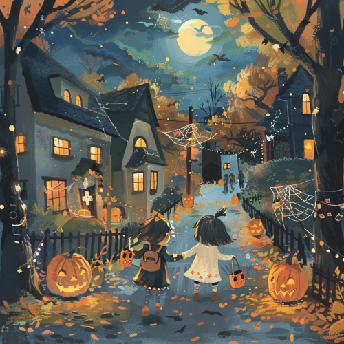 Nina and Maya excitedly explore Halloween-decorated neighborhood Nina and Maya excitedly explore Halloween-decorated neighborhood