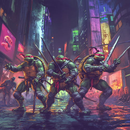 Ninja Turtles and Master Splinter ready for battle.