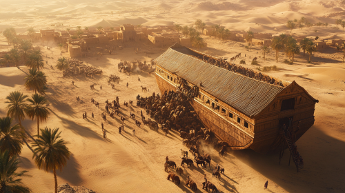 Noah's family and animals boarding giant desert ark