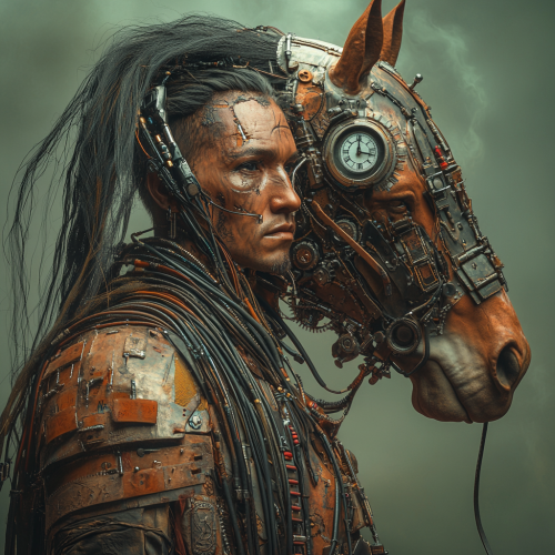 Nomad warrior with mechanical horse, clock gear patterns.
