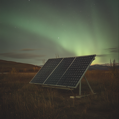 Northern Lights reflecting on solar panel in field