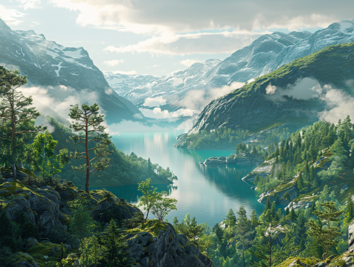 Norwegian Forest by Lake: Winter Morning Beauty