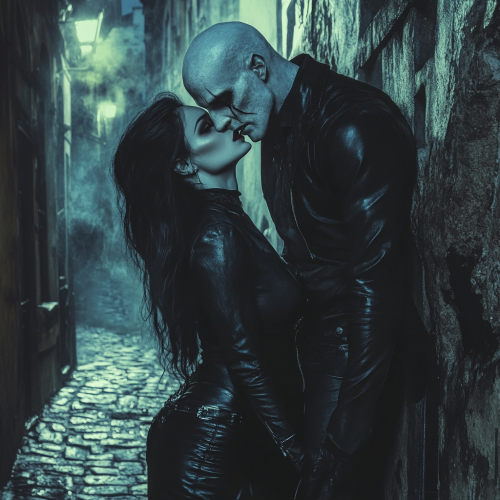 Nosferatu Vampire bites woman in dark alley. Nosferatu Vampire bites woman in dark alley.