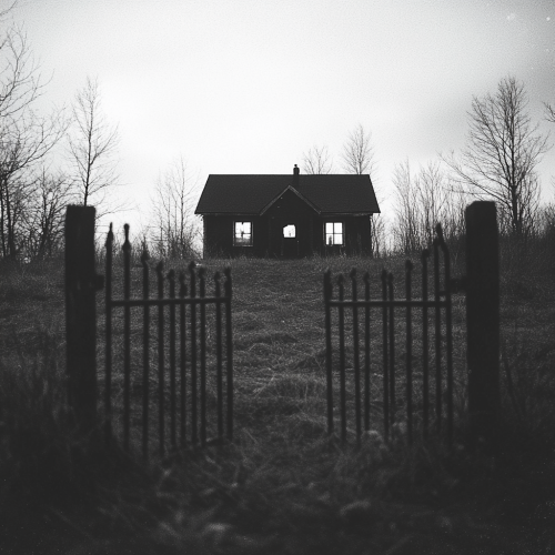 Nostalgic black and white photo of old house.
