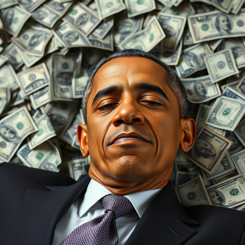 Obama Relaxing Joyfully in a Money Pile