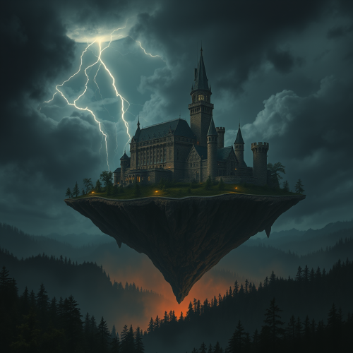 Obscure Castle on Floating Island under Lightning Storm