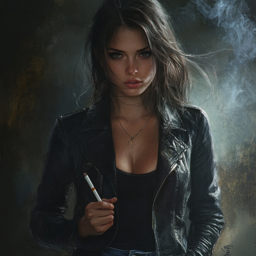 Observant Woman in Leather Jacket and Jeans
