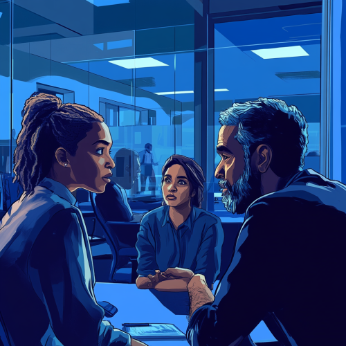 Office coworkers talking in modern blue office room