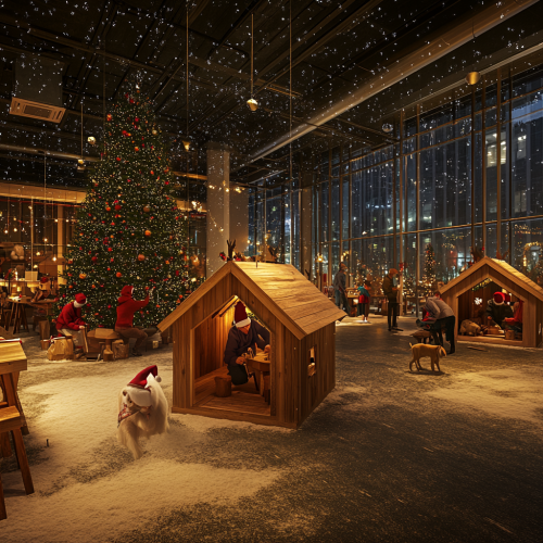 Office employees in Christmas office building dog houses