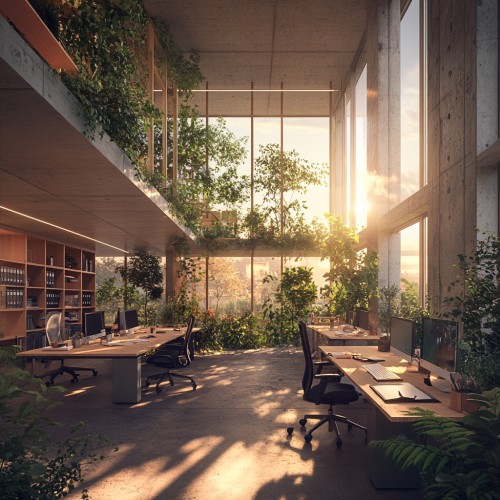 Office room with central space, greenery, loose environment.