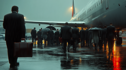 Office workers waiting in line to board airplane