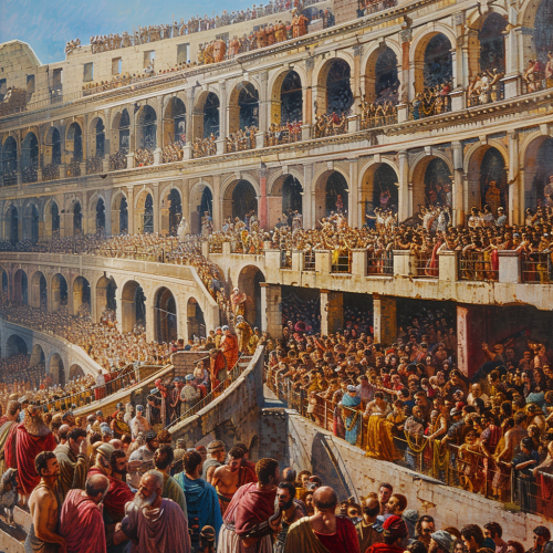 Oil painting of Roman Coliseum with diverse spectators.