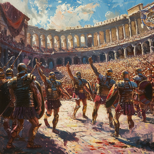 Oil painting of Roman gladiators in arena, crowd cheers.