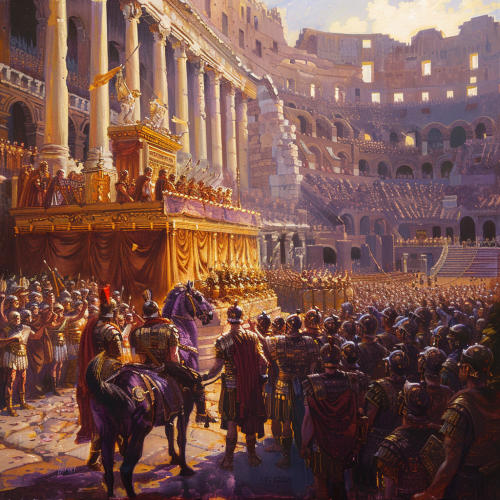 Oil painting of emperor's grand entrance into Roman Coliseum.