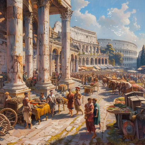 Oil painting of morning in ancient Rome marketplace.