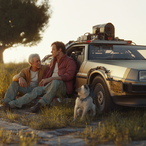Old Marty McFly and Doc Brown with dog near. Old Marty McFly and Doc Brown with dog near.