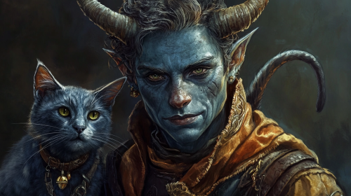 Old Tiefling Ranger and Cat Companion: Video Game Concept