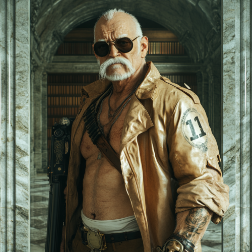 Older man with steampunk revolver in library doorway