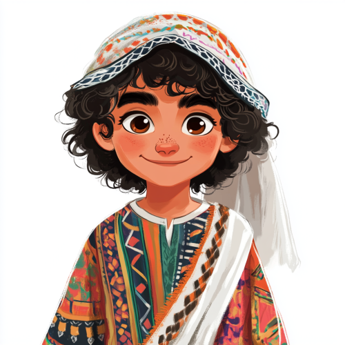 Olive skin, curly hair, brown eyes, colorful attire, keffiyeh