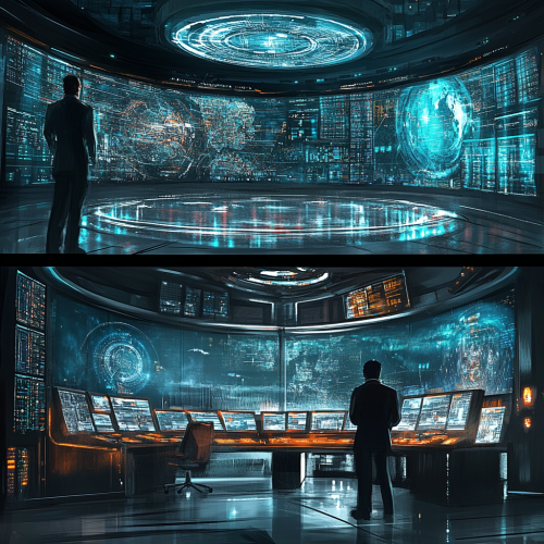 Opposing superpowers control rooms with advanced technology and holographics.