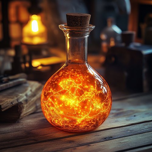 Orange glowing locked alchemical flask on lab table