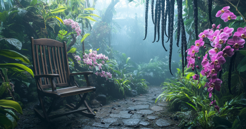 Orchid Garden with Wooden Chair in Morning Light